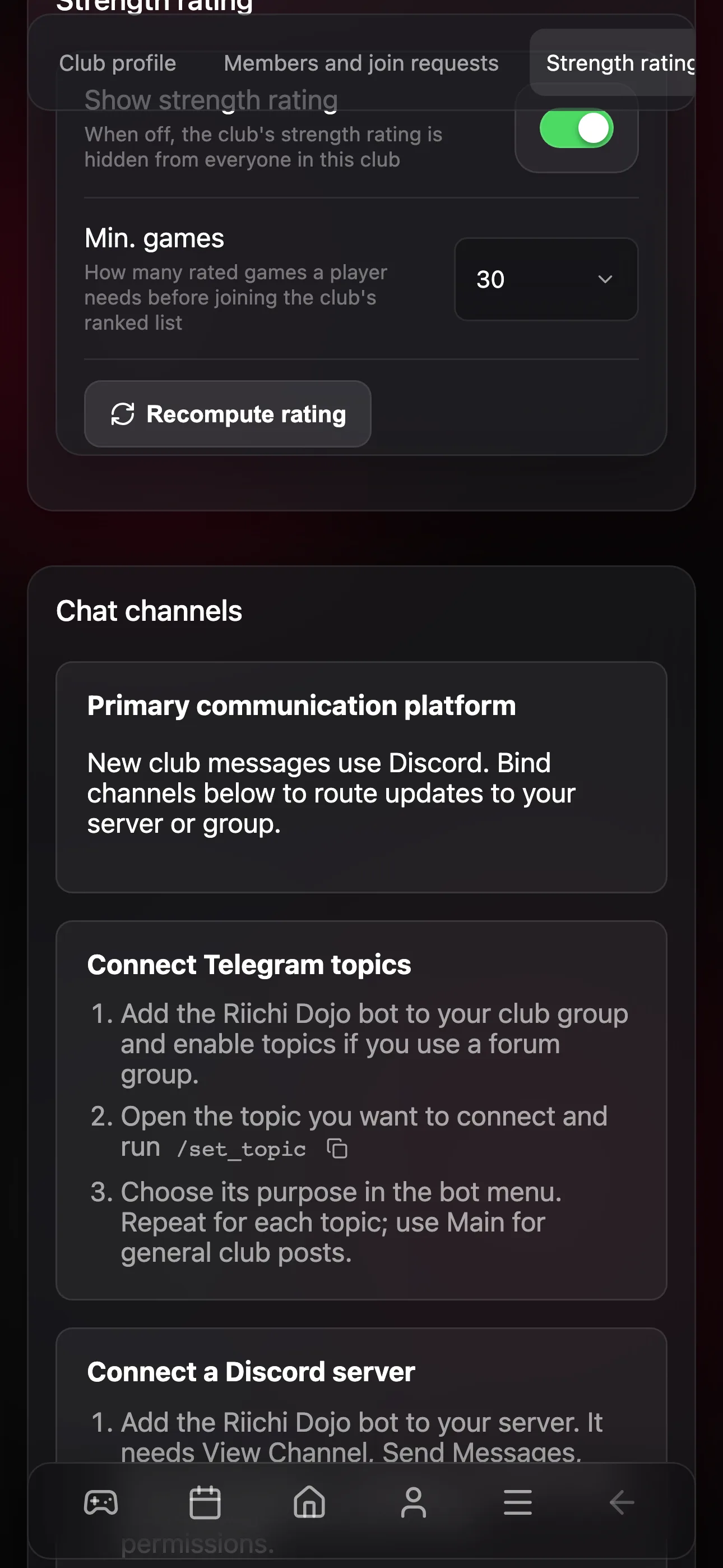 Telegram and Discord settings for a club