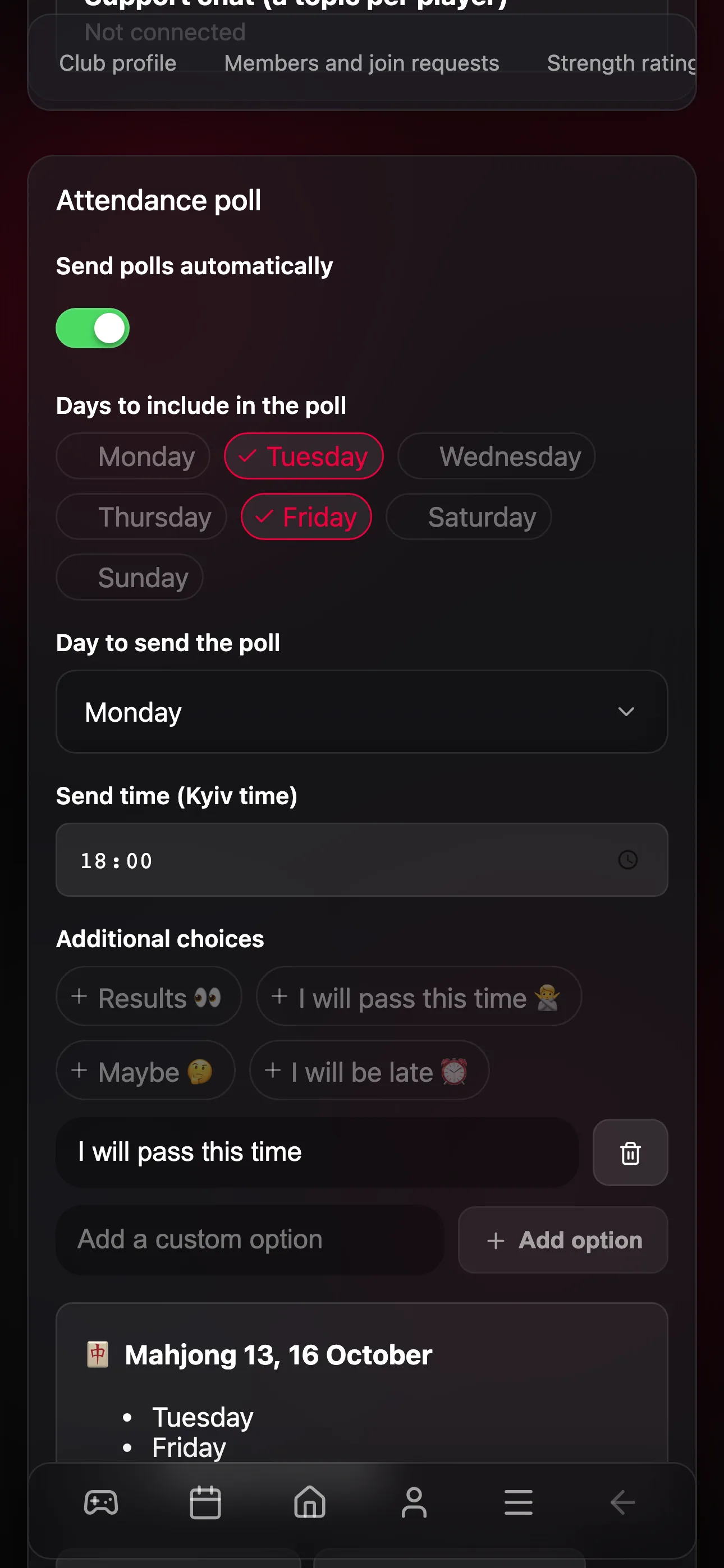Weekly club attendance poll settings