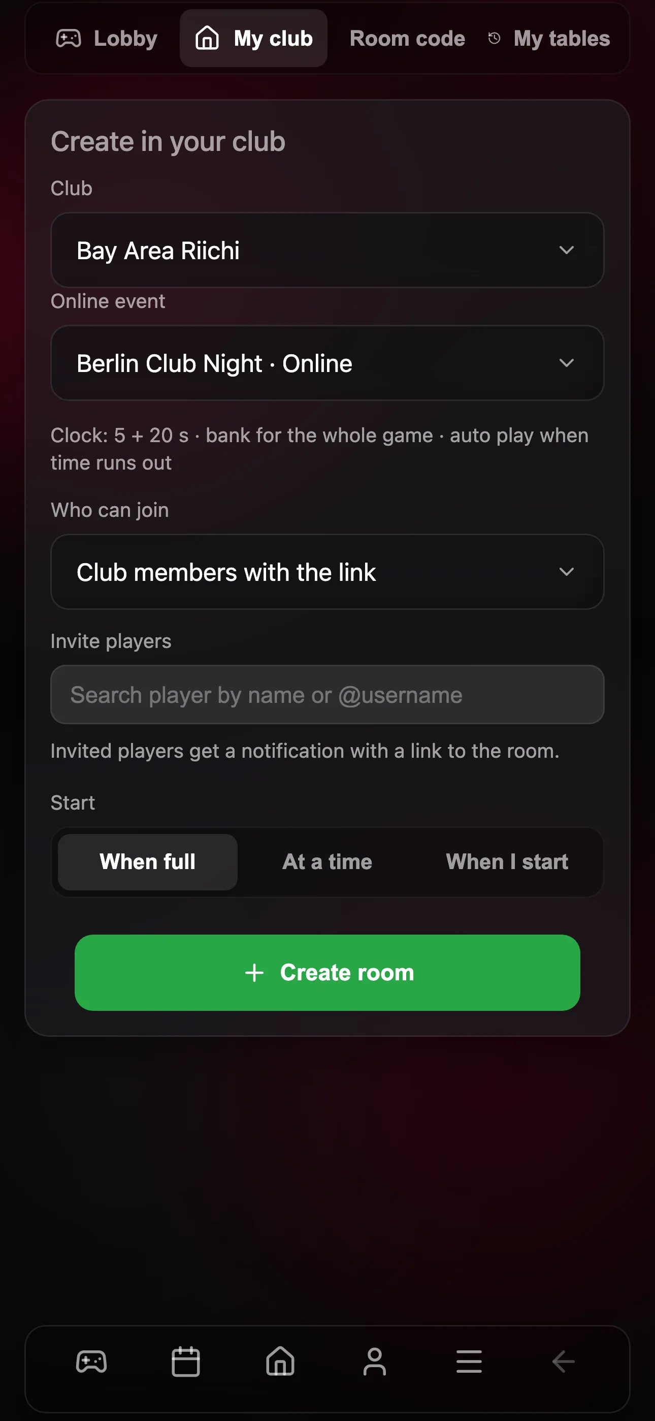 Creating a room in your club