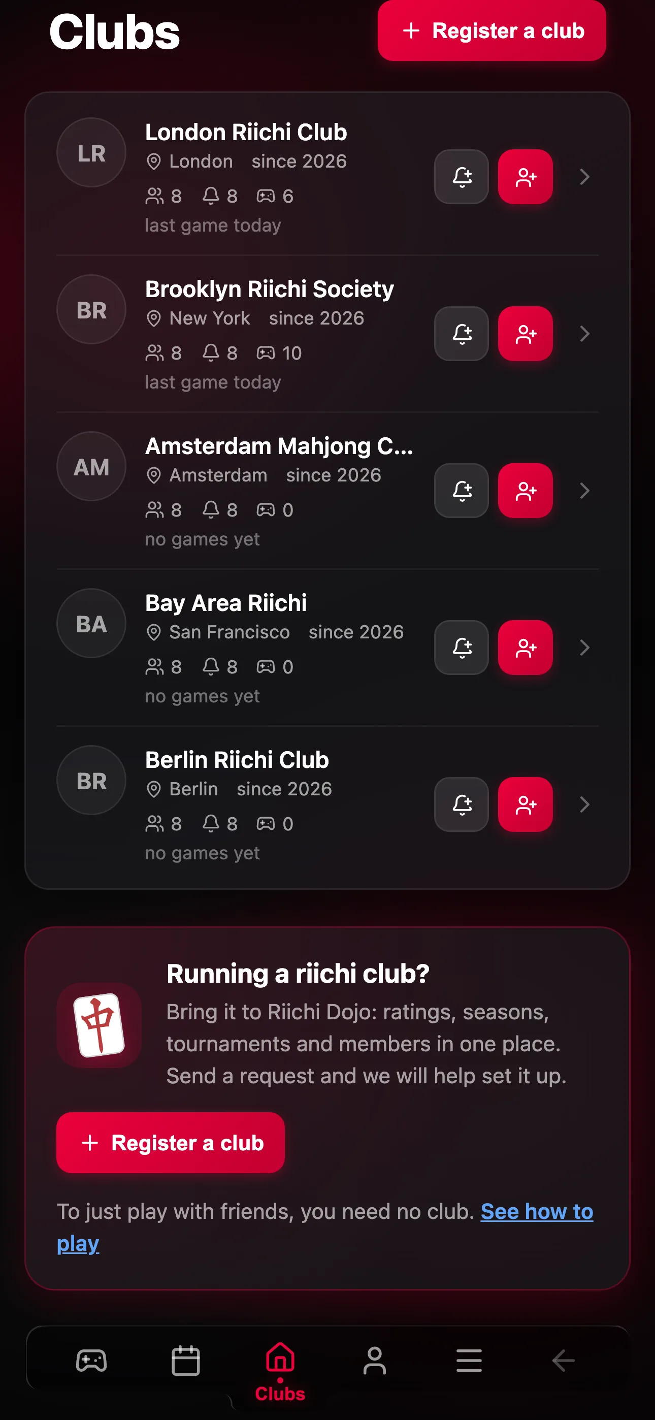 The Clubs page with Register a club