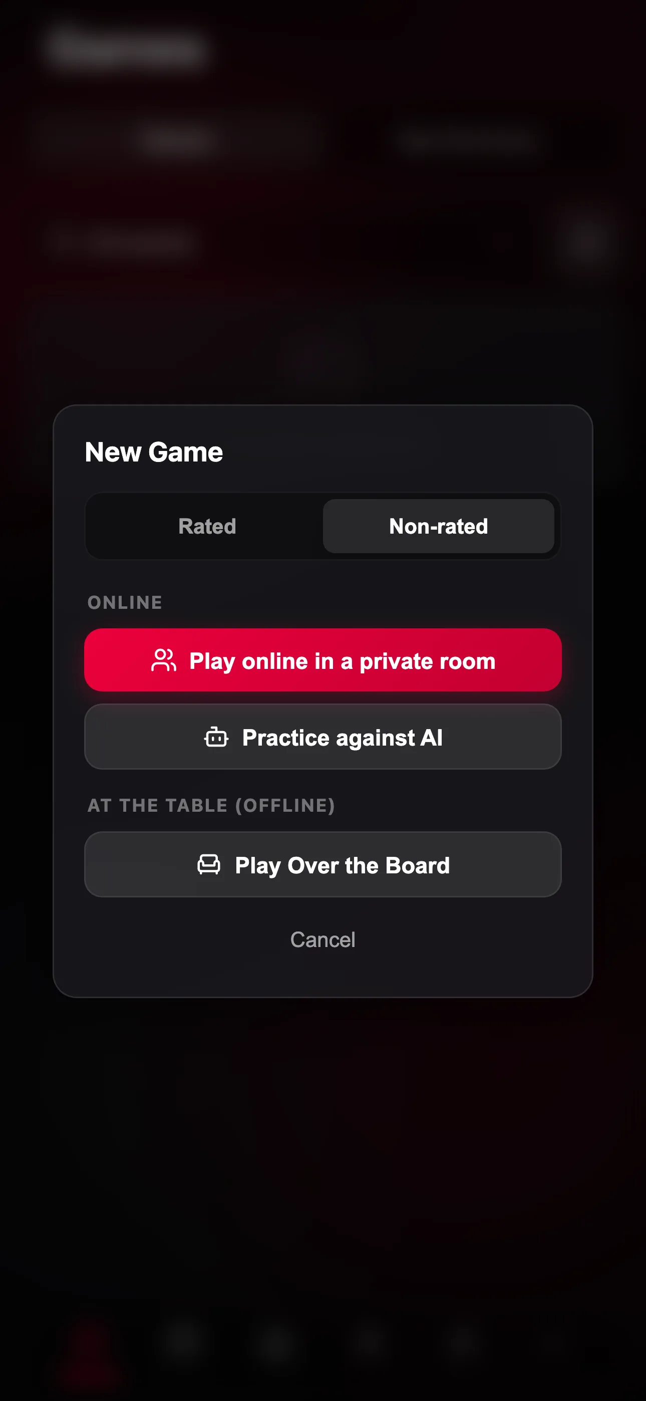 The Create menu with Play online in a private room