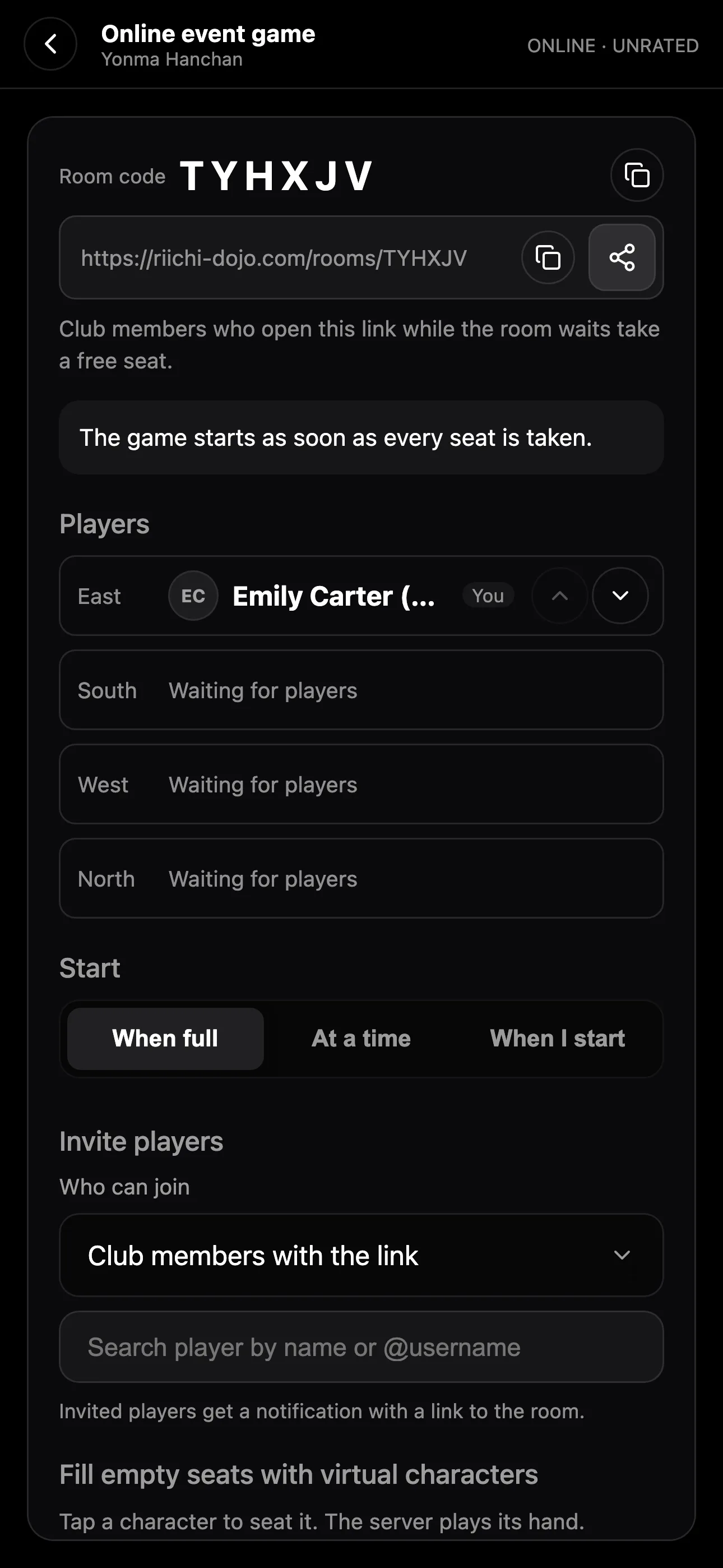 The table link with its copy and share buttons