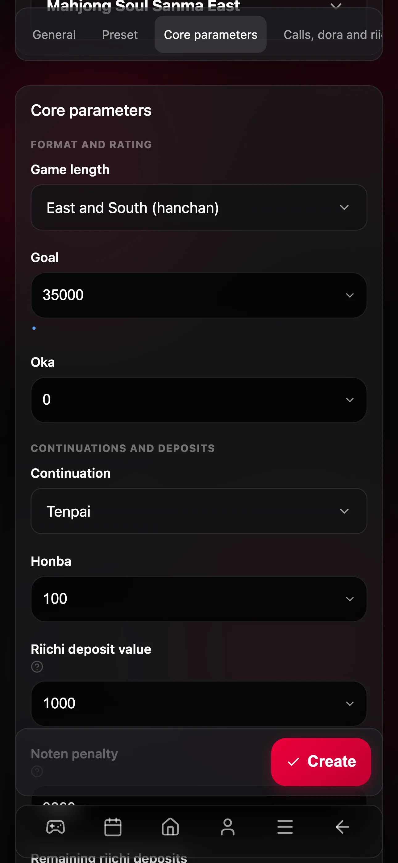 Game length, target score, oka and payments