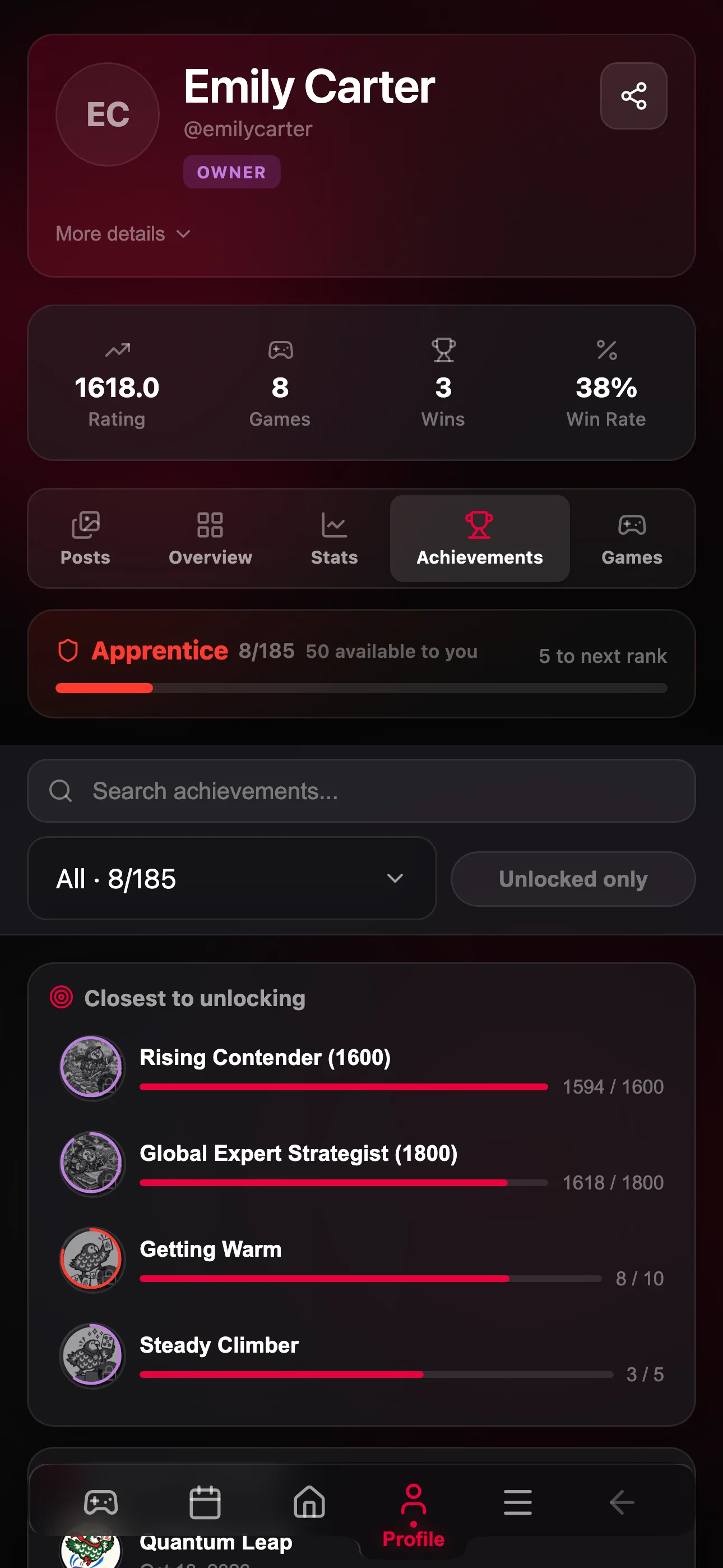 A player’s achievements