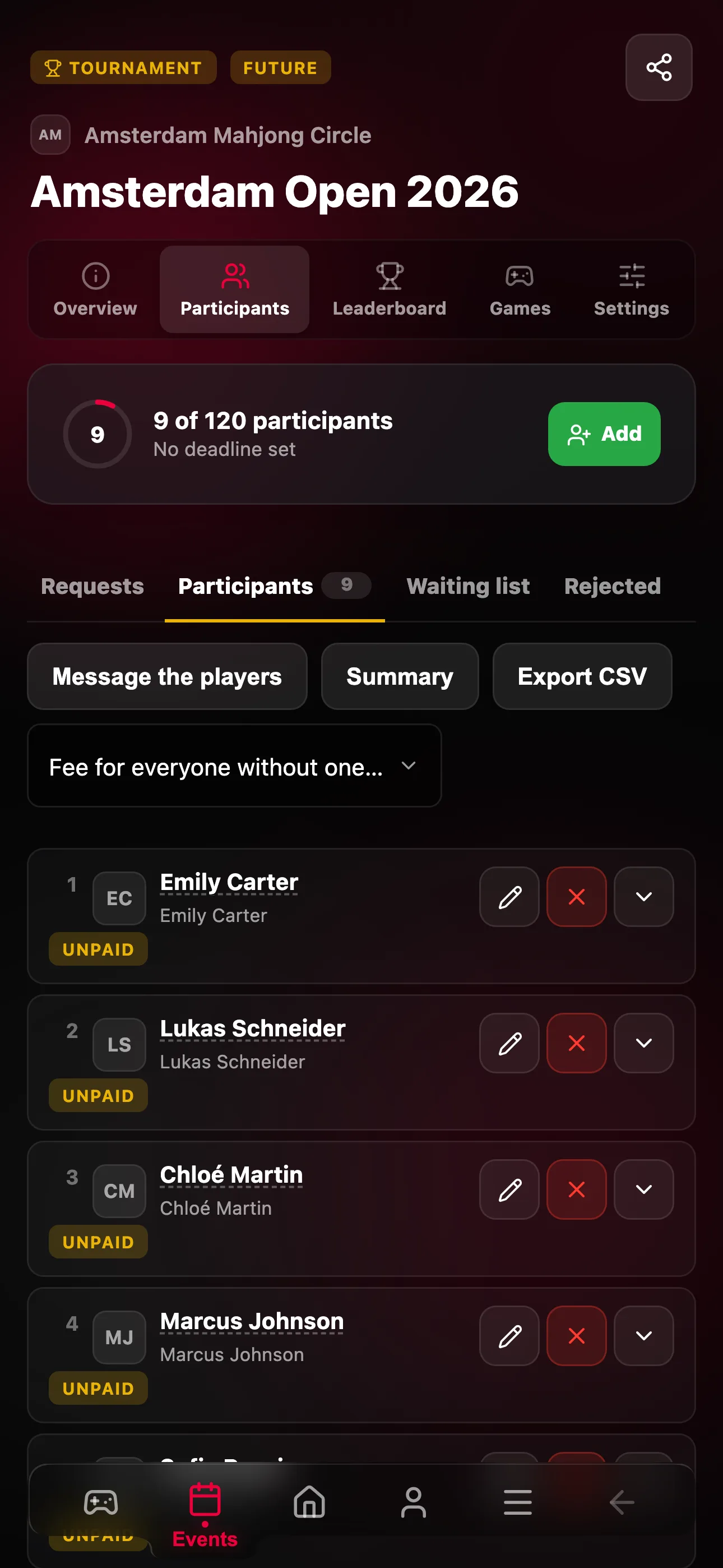 Tournament registration and participant management